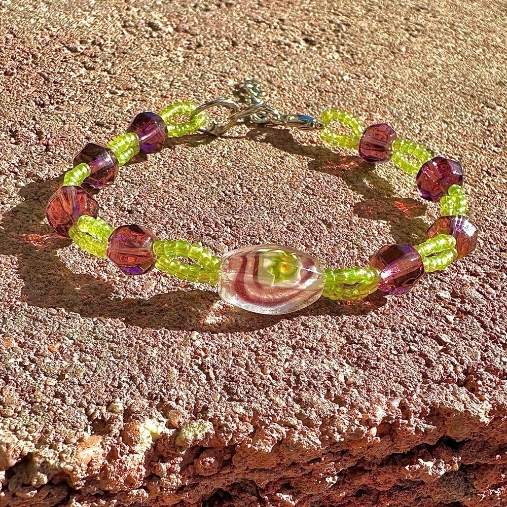 Purple and Neon Green Glass Beaded Bracelet with Silver Colored Accents